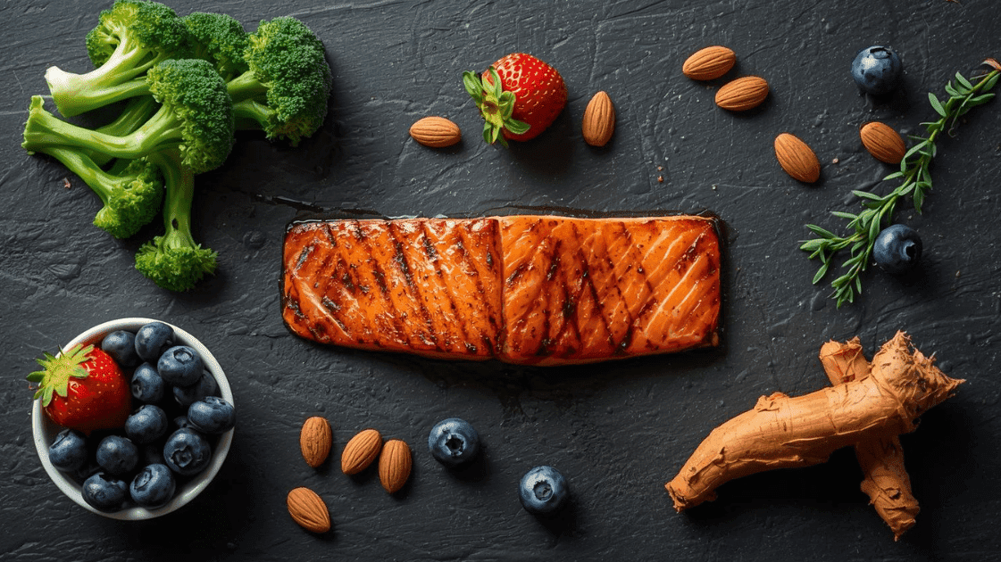 Prato colorido com vários alimentos anti-inflamatórios, incluindo salmão grelhado, brócolis, frutas vermelhas e um fio de azeite.